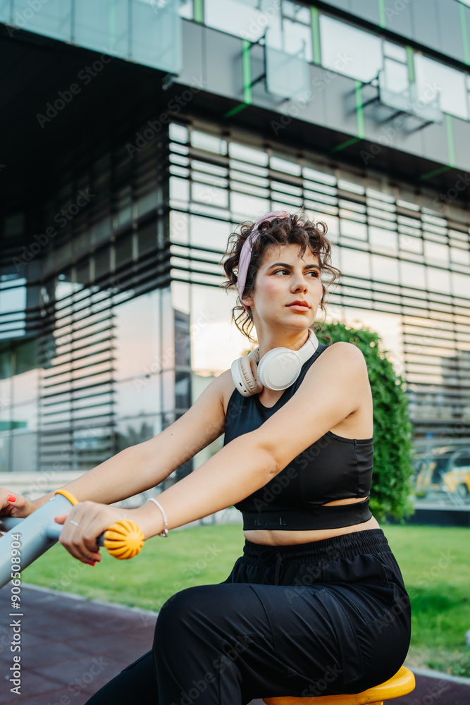 Young caucasian woman is training in training park outdoors Young caucasian woman is training in training park outdoors