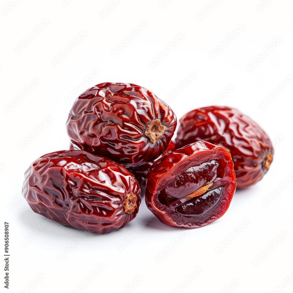 Medium shot of whole Jujube near the sliced piece of Jujube, isolated on a white background Medium shot of whole Jujube near the sliced piece of Jujube, isolated on a white background