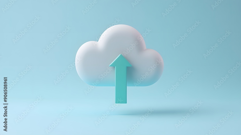 3D illustration of a white cloud with an upward arrow representing cloud storage and data uploading on a blue background. 3D illustration of a white cloud with an upward arrow representing cloud storage and data uploading on a blue background.
