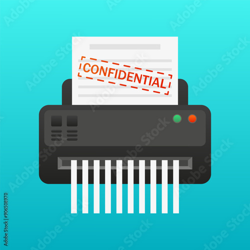 Paper shredder. Sheet with the inscription confidential. Destroy secret documents, office equipment, device, black accounting, carry out fraudulent activities, fraud, protection, unauthorized access