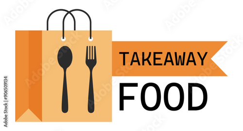 Paper bag with takeaway food. Fork and spoon. Delivery of ready meals, menu, restaurant, cafe, online shopping, supermarket, courier, grocery store, drink, beverage, dessert. Vector illustration