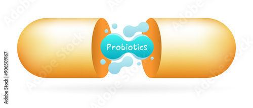 Yellow open capsule with probiotics inside. Digestion intestinal microflora immunity. Soluble shell, fluids, medicine, pill, treatment, healthcare, vitamin, dietary supplements, science, pharmacology