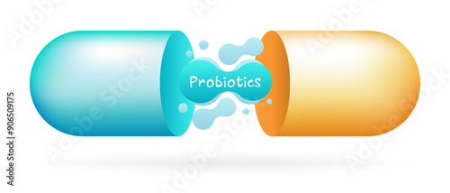 Blue and yellow open capsule with probiotics inside. Digestion, intestinal microflora, immunity. Soluble shell, fluids, medicine, pill, treatment, healthcare, vitamin, dietary supplements, science