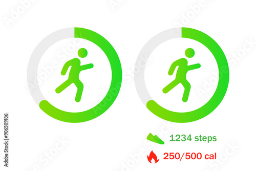 Activity ring. Mobility, person, fitness, active lifestyle, sport, number of steps, burn calories, workout, run, jogging, movement, count, green, physical, training, gym, sports ground. Vector