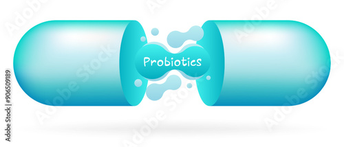 Blue open capsule with probiotics inside. Digestion, intestinal microflora, immunity. Soluble shell, fluids, medicine, pill, treatment, healthcare, vitamin, dietary supplements, science, pharmacology