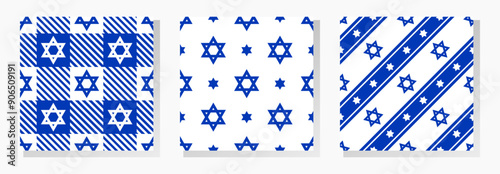 Israel vector seamless patterns collection. Stars of David background in blue and white colors.