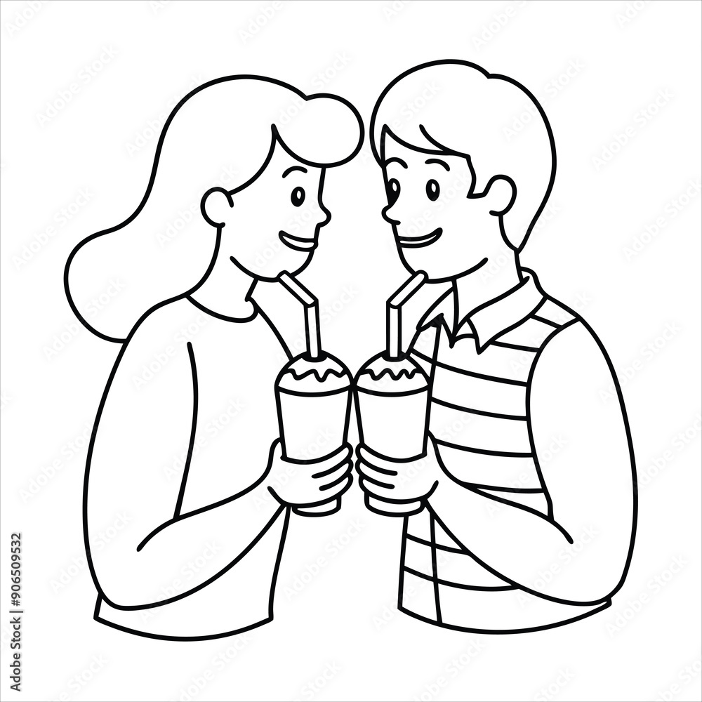 A couple sharing a milkshake with two straws line art vector A couple sharing a milkshake with two straws line art vector