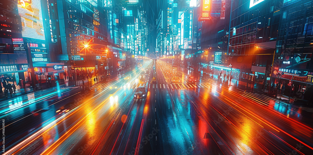 Fototapeta premium Vibrant cityscape in motion blur, dynamic urban energy captured, streaks of light against the skyline, diagonal composition, bustling city life, vibrant colors. Generative AI.