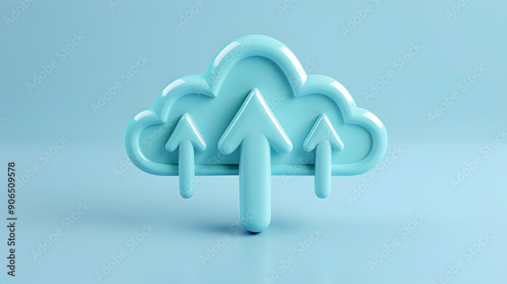 3D illustration of cloud with three arrows pointing upward, representing cloud technology, data upload, and internet. Minimalist blue background. 3D illustration of cloud with three arrows pointing upward, representing cloud technology, data upload, and internet. Minimalist blue background.