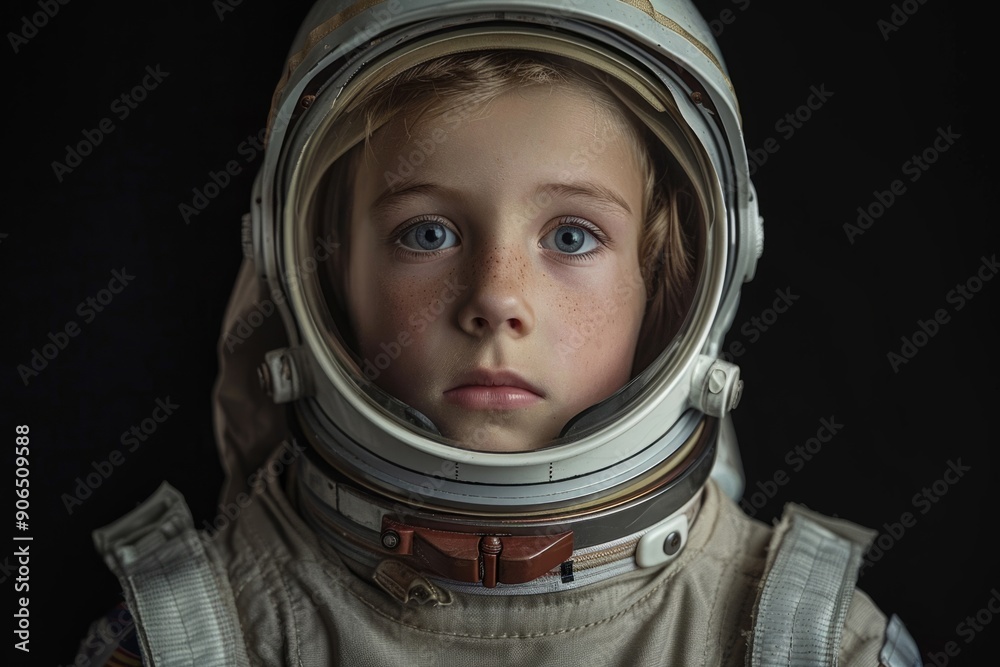 Child astronaut in spacesuit and helmet on black background Child astronaut in spacesuit and helmet on black background