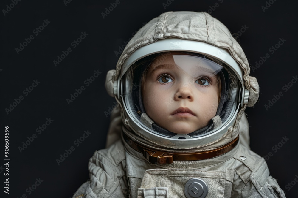 Child astronaut in spacesuit and helmet on black background