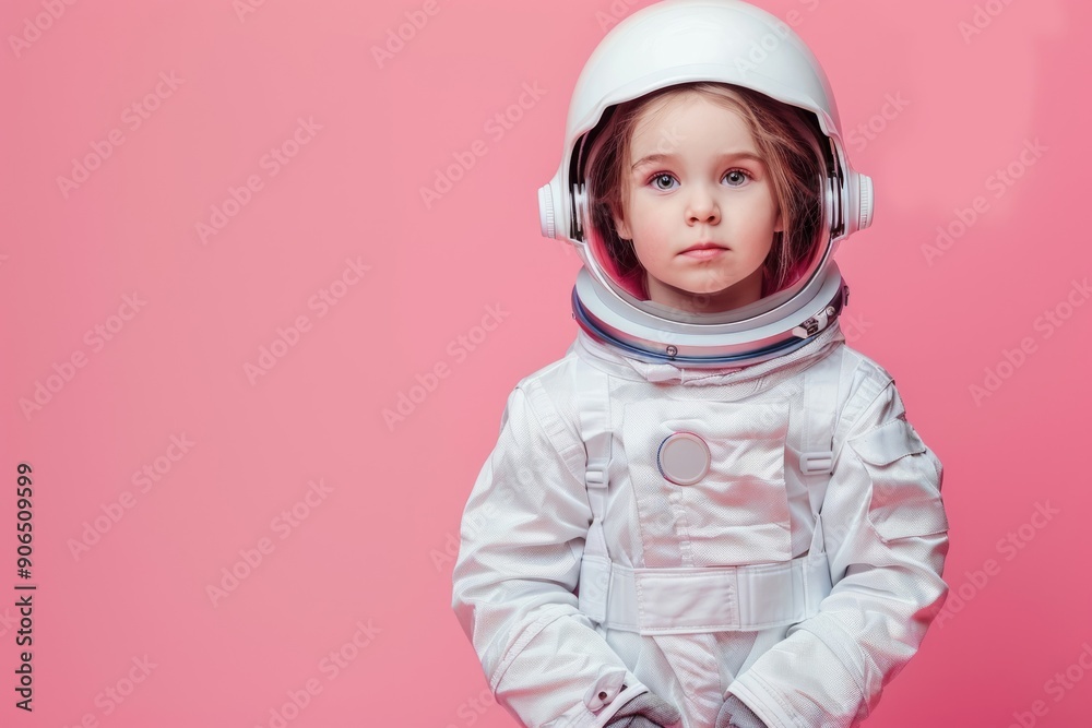 Little girl wearing astronaut costume over pink background. Copy space for text Little girl wearing astronaut costume over pink background. Copy space for text