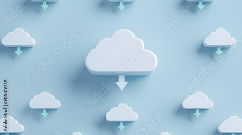 3D illustration of multiple cloud icons with download arrows on light blue background, representing cloud computing and data storage. photo