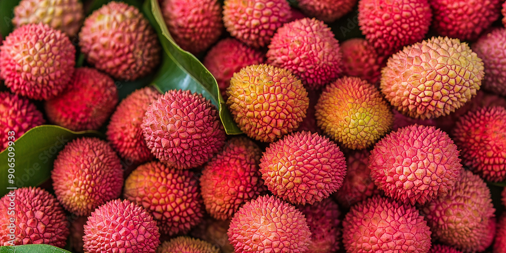 Lychee is a subtropical fruit: Fresh lychee fruits with their spiky red skins and juicy interiors Lychee is a subtropical fruit: Fresh lychee fruits with their spiky red skins and juicy interiors