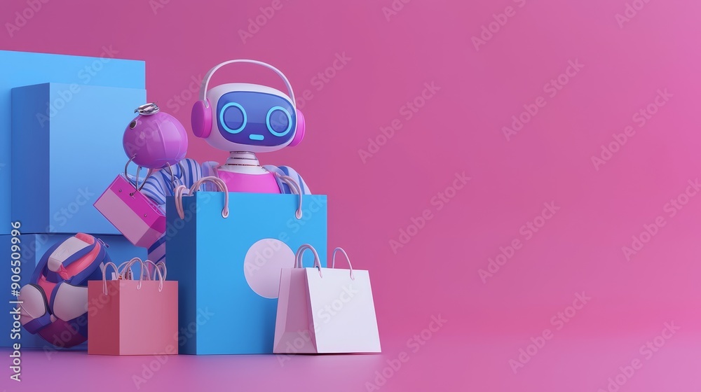 Futuristic Virtual Shopping Assistant, AI-driven Support in Enhanced Retail Concept, 3D Illustration with Copy Space. Futuristic Virtual Shopping Assistant, AI-driven Support in Enhanced Retail Concept, 3D Illustration with Copy Space.