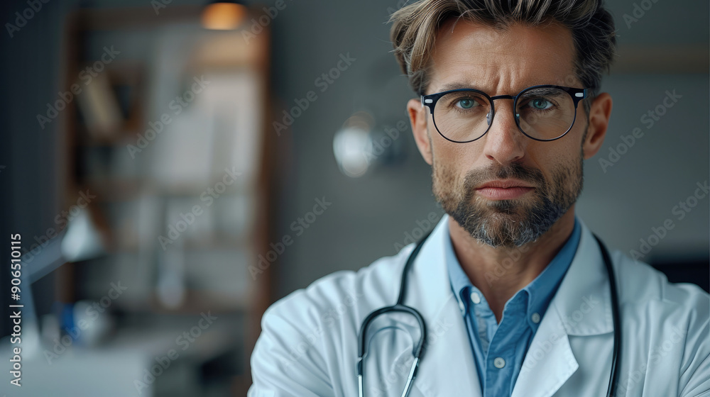 Doctor man in white coat, eyeglasses, stethoscope and eyeglasses looks into camera against gray isolated background with copy space and text area. Generative AI. Doctor man in white coat, eyeglasses, stethoscope and eyeglasses looks into camera against gray isolated background with copy space and text area. Generative AI.