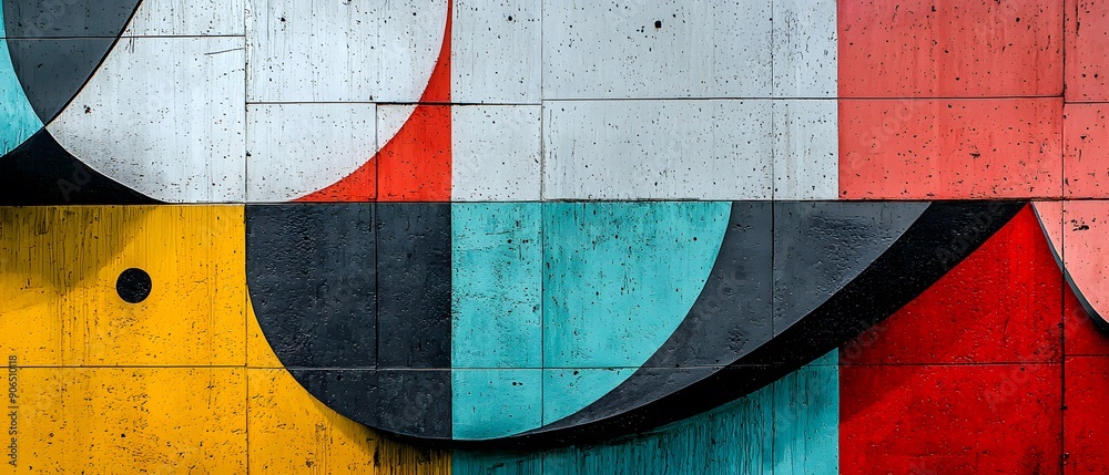 Naklejka premium Hyper-realistic photo of an abstract wall mural, bold and contrasting colors, geometric shapes and patterns, urban setting, high-end photography