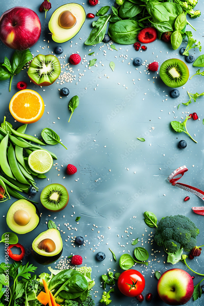 Colorful Fresh Fruits and Vegetables on Rustic Table Colorful Fresh Fruits and Vegetables on Rustic Table