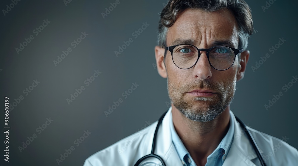 Doctor man in white coat, eyeglasses, stethoscope and eyeglasses looks into camera against gray isolated background with copy space and text area. Generative AI. Doctor man in white coat, eyeglasses, stethoscope and eyeglasses looks into camera against gray isolated background with copy space and text area. Generative AI.