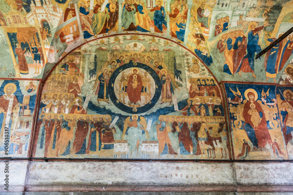 YAROSLAVL, RUSSIA - JULY 20, 2014: Frescoes from the Church of St. John the Baptist in Tolchkovo.Yaroslavl. A UNESCO World Heritage Site