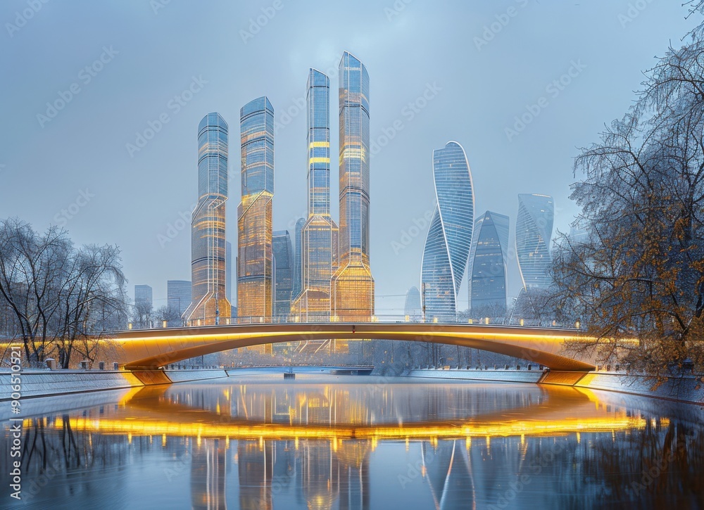 Fototapeta premium Modern Cityscape with Bridge and River in Winter