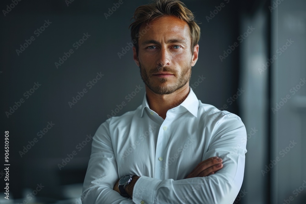 Φωτογραφία Businessman with crossed arms, corporate man, corporate employee, office background, clear facial feature