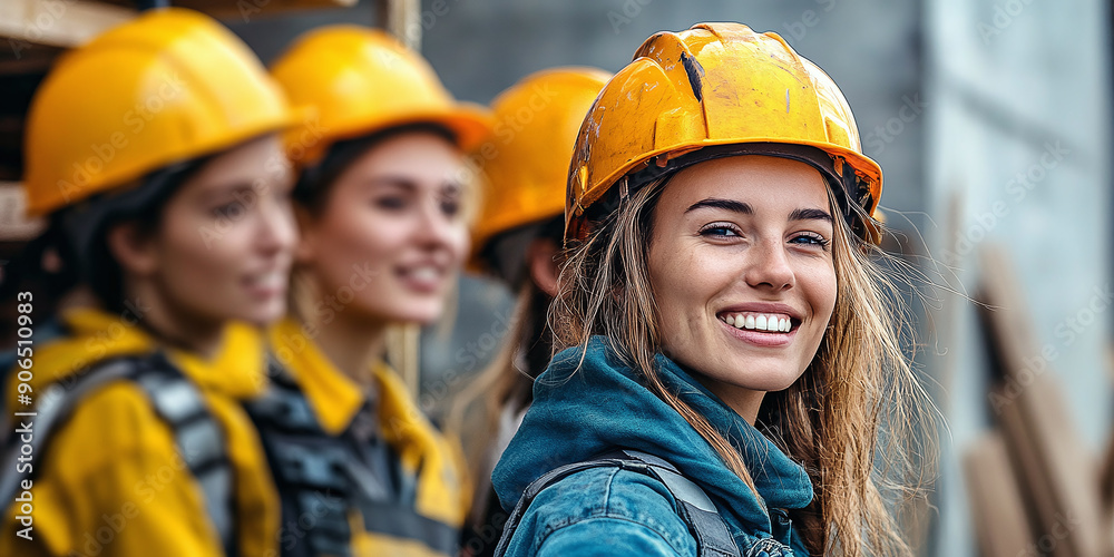 Group of women actively working at a construction site. Concept Women in Construction, Skilled Labor, Teamwork, Building Site, Gender Equality Group of women actively working at a construction site. Concept Women in Construction, Skilled Labor, Teamwork, Building Site, Gender Equality