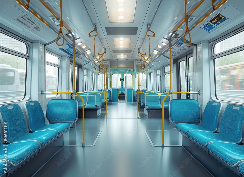 Fototapeta premium Empty Tram Interior with Light Blue Seats