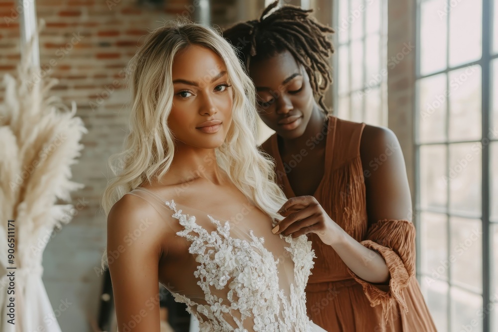 Fototapeta premium Bridal Fitting at a Rustic Studio With Natural Light on a Beautiful Afternoon