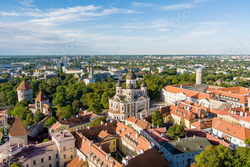 Aerial view of Alexander Nevsky Cathedral in Tallinn Old Town on a sunny summer morning. St. Mary's Cathedral, defensive walls, rooftops. photo