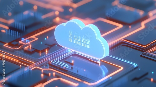 A 3D illustration of a cloud icon with digital circuitry, representing cloud computing and modern technology in a futuristic design.