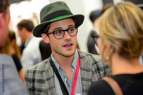 Stylish Young Man Engaging in Conversation at A Public Event in Urban Setting