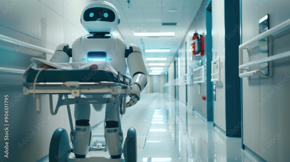 Obraz premium A humanoid robot transporting medical supplies in a hospital corridor, showcasing advanced healthcare technology and automation.