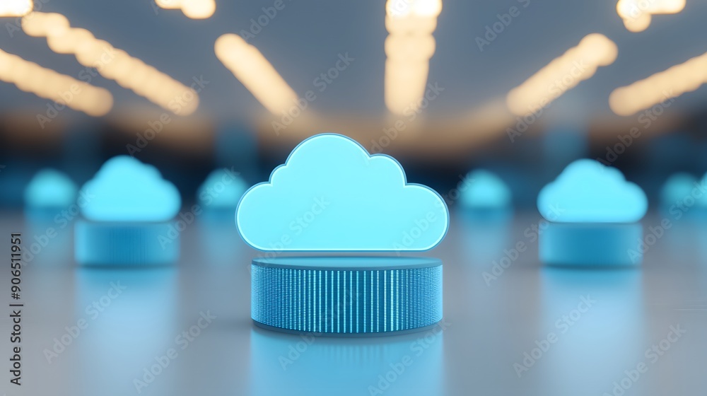 A futuristic representation of cloud computing with glowing cloud icons on a blurred background, symbolizing data storage and technology. A futuristic representation of cloud computing with glowing cloud icons on a blurred background, symbolizing data storage and technology.