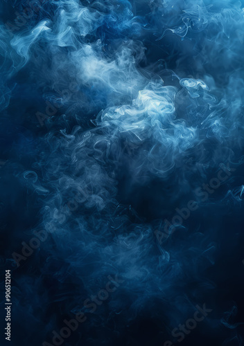 The abstract dark blue background is punctuated by wisps of smoke and smog.