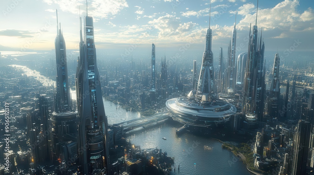 Fototapeta premium futuristic city skyline with advanced technology integrated into the architecture, photo-realistic, ultra-detailed