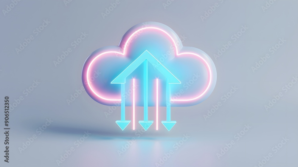 A modern, glowing cloud icon with arrows representing data upload and download in neon light on a soft gradient background. A modern, glowing cloud icon with arrows representing data upload and download in neon light on a soft gradient background.