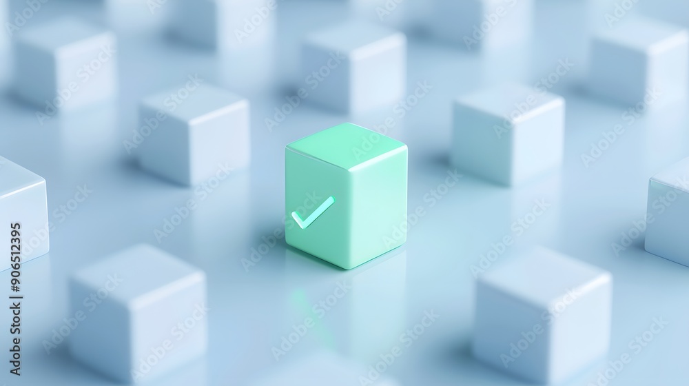 A unique green cube with a checkmark stands out among white cubes, representing individuality, selection, and distinction. A unique green cube with a checkmark stands out among white cubes, representing individuality, selection, and distinction.