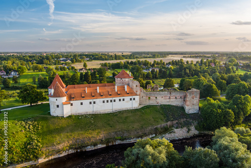 Aerial view of Bauska Castle or Bauskas pils. Ruins of Livonian Order Castle and a later palace, residence of the Duke of Courland and home to the Castle Museum today.