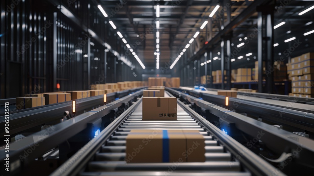 Automated warehouse with packages on conveyor belts, illustrating modern logistics and shipping operations in a distribution center. Automated warehouse with packages on conveyor belts, illustrating modern logistics and shipping operations in a distribution center.