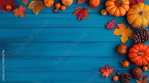Fototapeta Naklejka Na Ścianę i Meble -  A blue background with a variety of fall fruits and vegetables including pumpkins, apples, and oranges