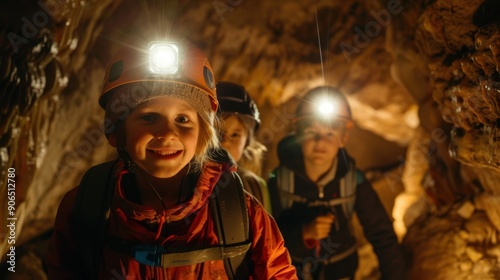 Children exploring a cave, wearing headlamps and backpacks, discovering the natural wonders and adventure of spelunking in a dark, rocky environment.