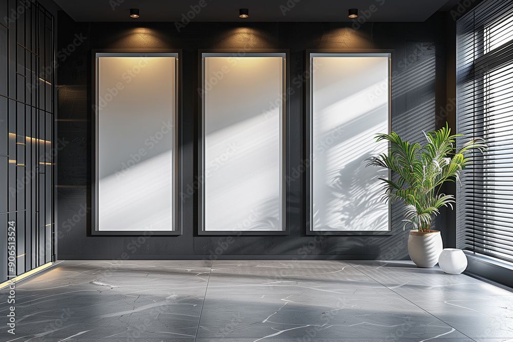 Gallery wall with white mock up banner in black space Gallery wall with white mock up banner in black space