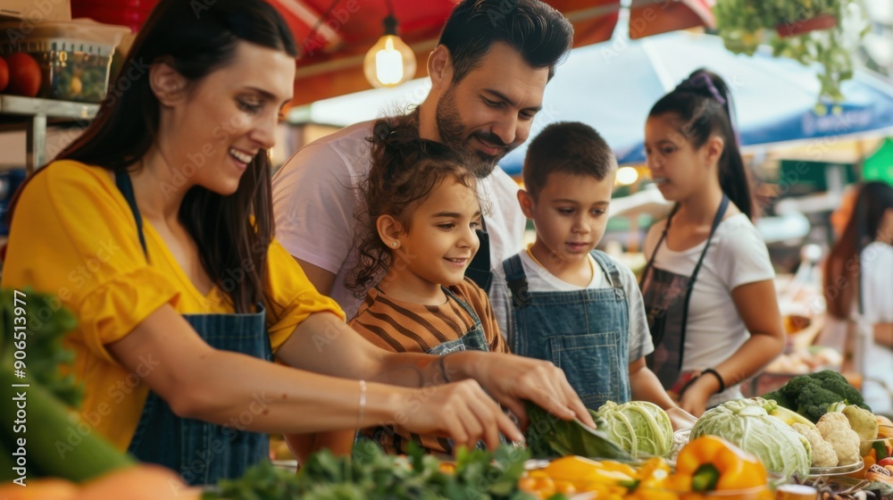 Fototapeta premium Family shopping for fresh vegetables at a market. Parents and children enjoying quality time and selecting healthy food together.
