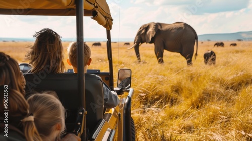 Family on safari watching elephants in the savannah, experiencing wildlife from a jeep in a national park.