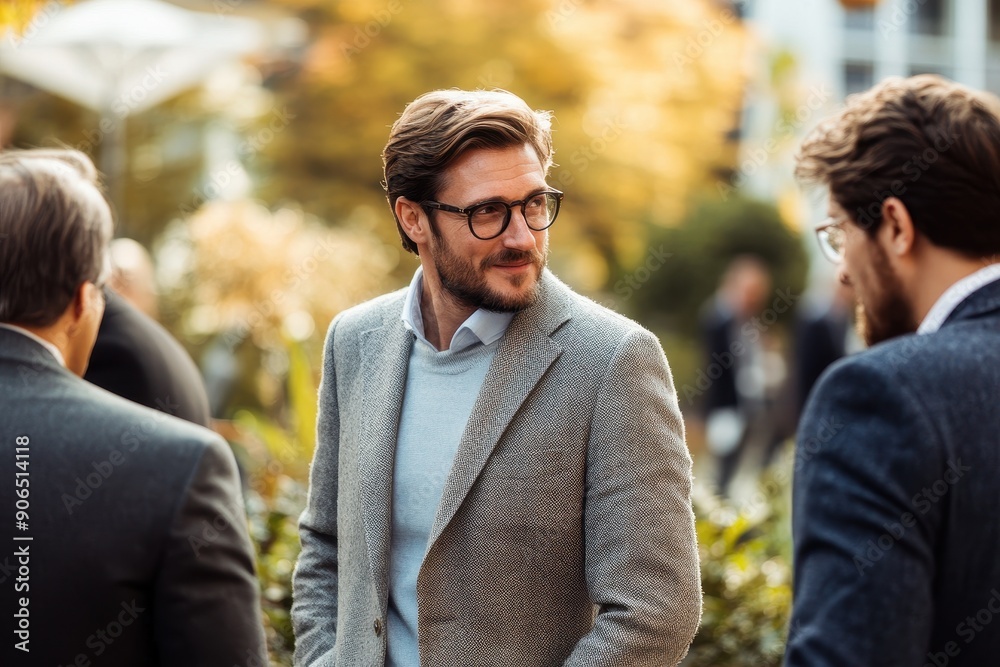 Professional Man Engaging in Conversation Outdoors Among Colleagues During Autumn Afternoon Professional Man Engaging in Conversation Outdoors Among Colleagues During Autumn Afternoon