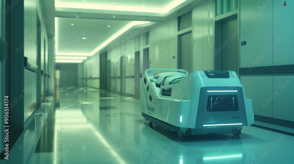 Obraz premium Futuristic hospital hallway with a medical robot cart, showcasing advanced healthcare technology and modern architecture.