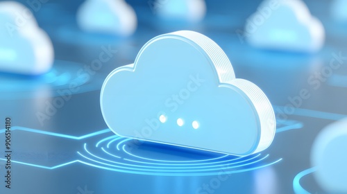 Blue cloud icons on digital background representing cloud computing, data storage, and online technology solutions.