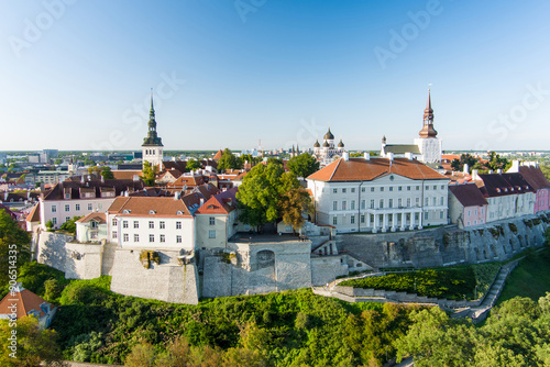 Wallpaper Mural Iconic aerial skyline view of Tallinn Old Town and Toompea hill on a sunny summer evening. Stenbock House, Patkuli viewing platform, defensive walls, rooftops. Torontodigital.ca