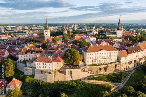 Wallpaper Mural Iconic aerial skyline view of Tallinn Old Town and Toompea hill on a sunny summer evening. Stenbock House, Patkuli viewing platform, defensive walls, rooftops. Torontodigital.ca